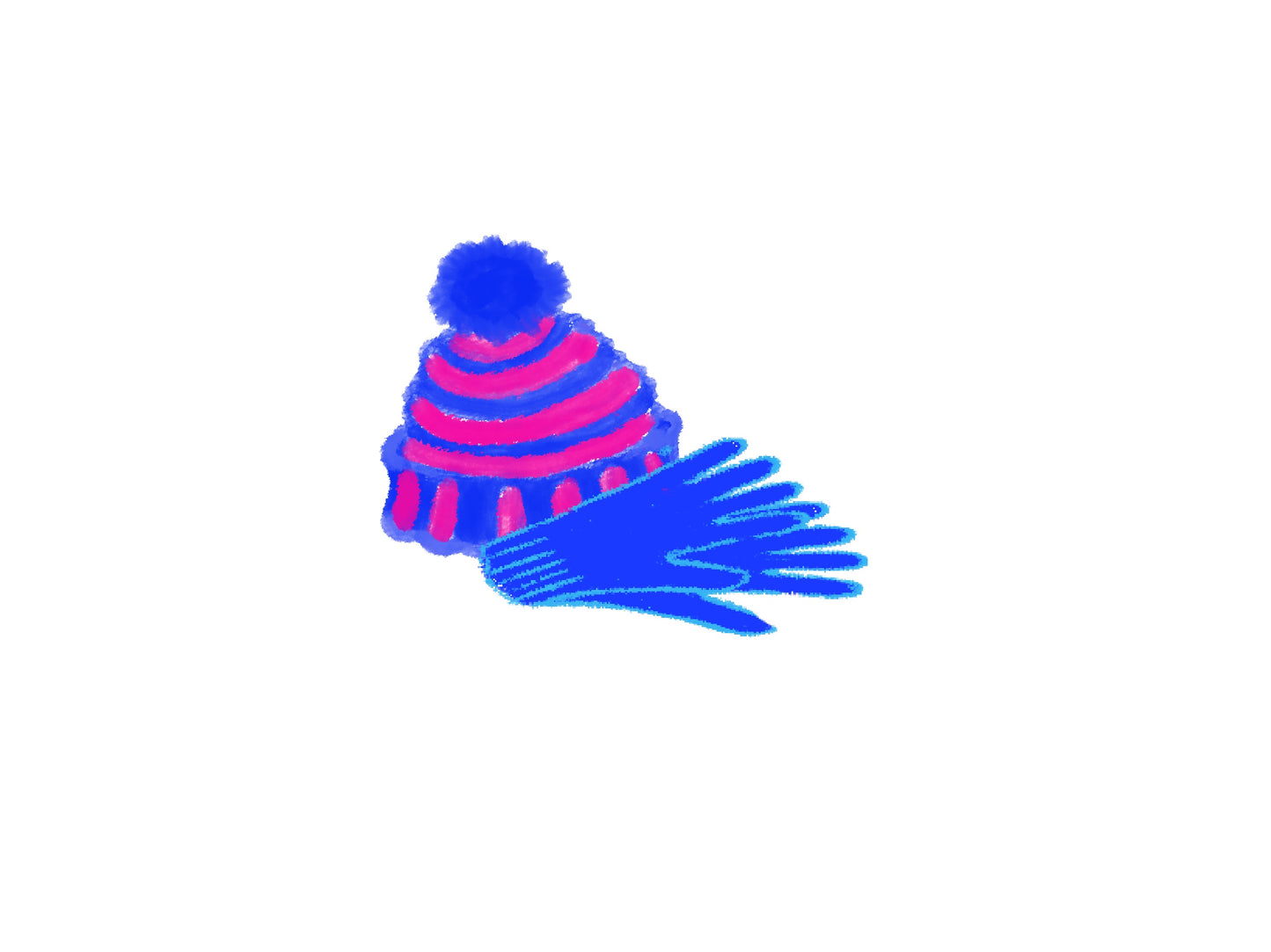 Colorful striped beanie with pom-pom and matching gloves on a white background